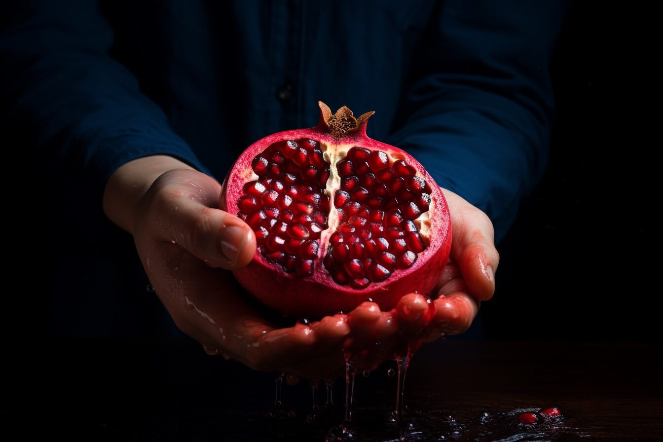 hands holding juicy pomegranate