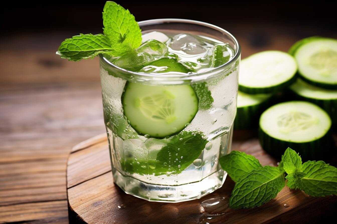 A glass filled with a drink made using cucumber slices and mint