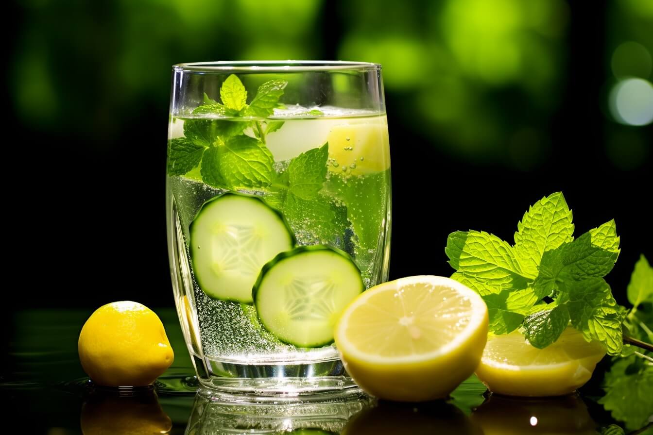 a glass of infused water with cucumber, mint, and lemon
