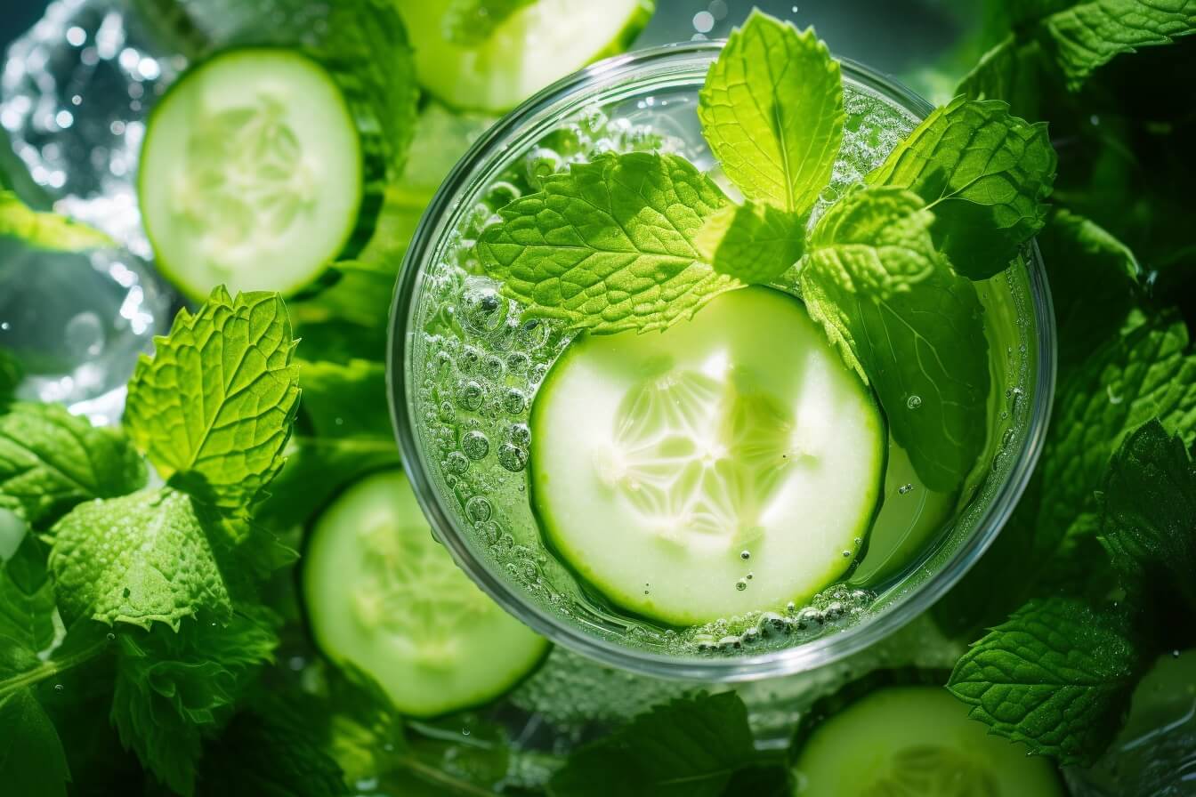 cucumber and mint water in a glass (top-down view)