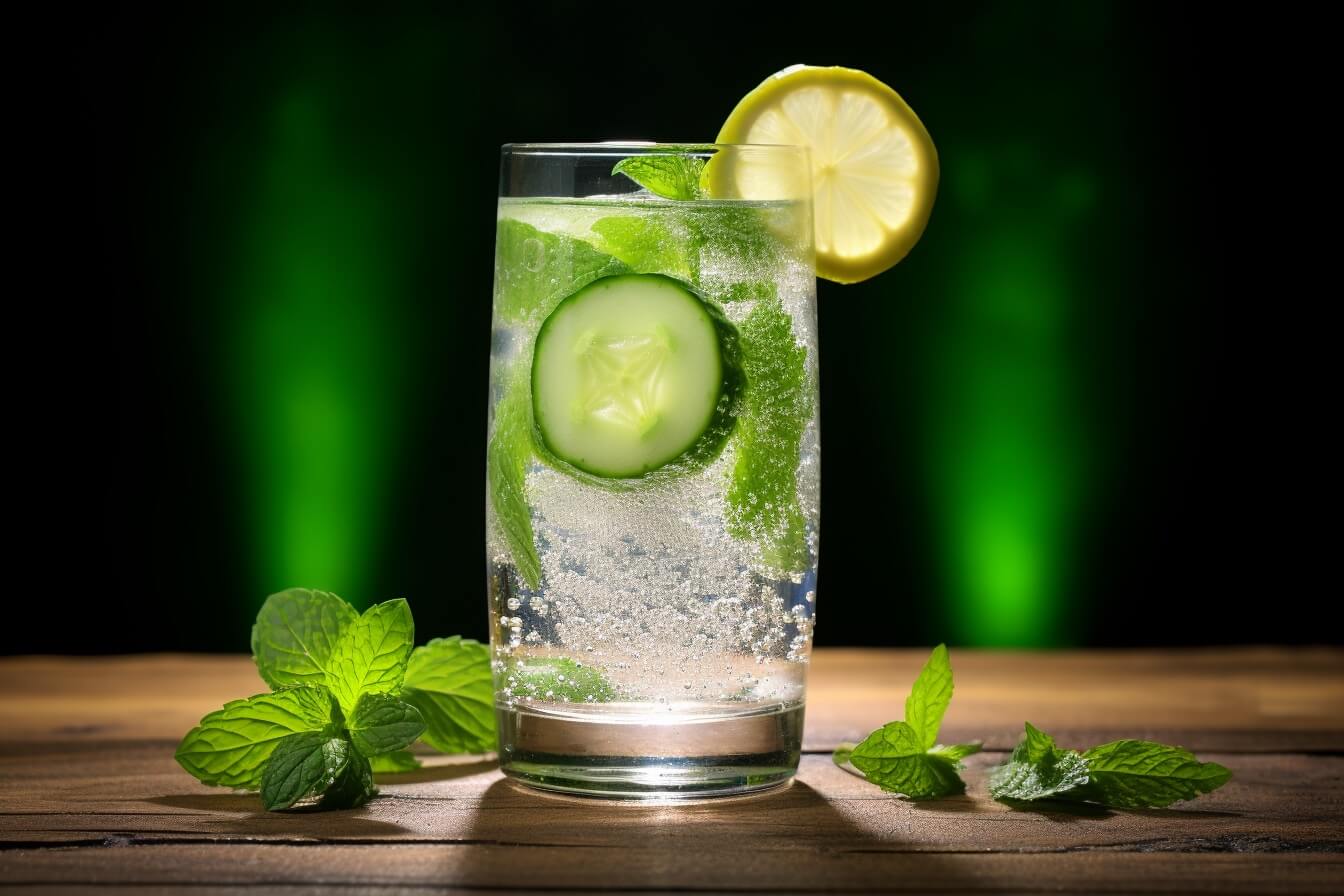 a glass of cucumber water decorated with mint leaves and a slice of lemon