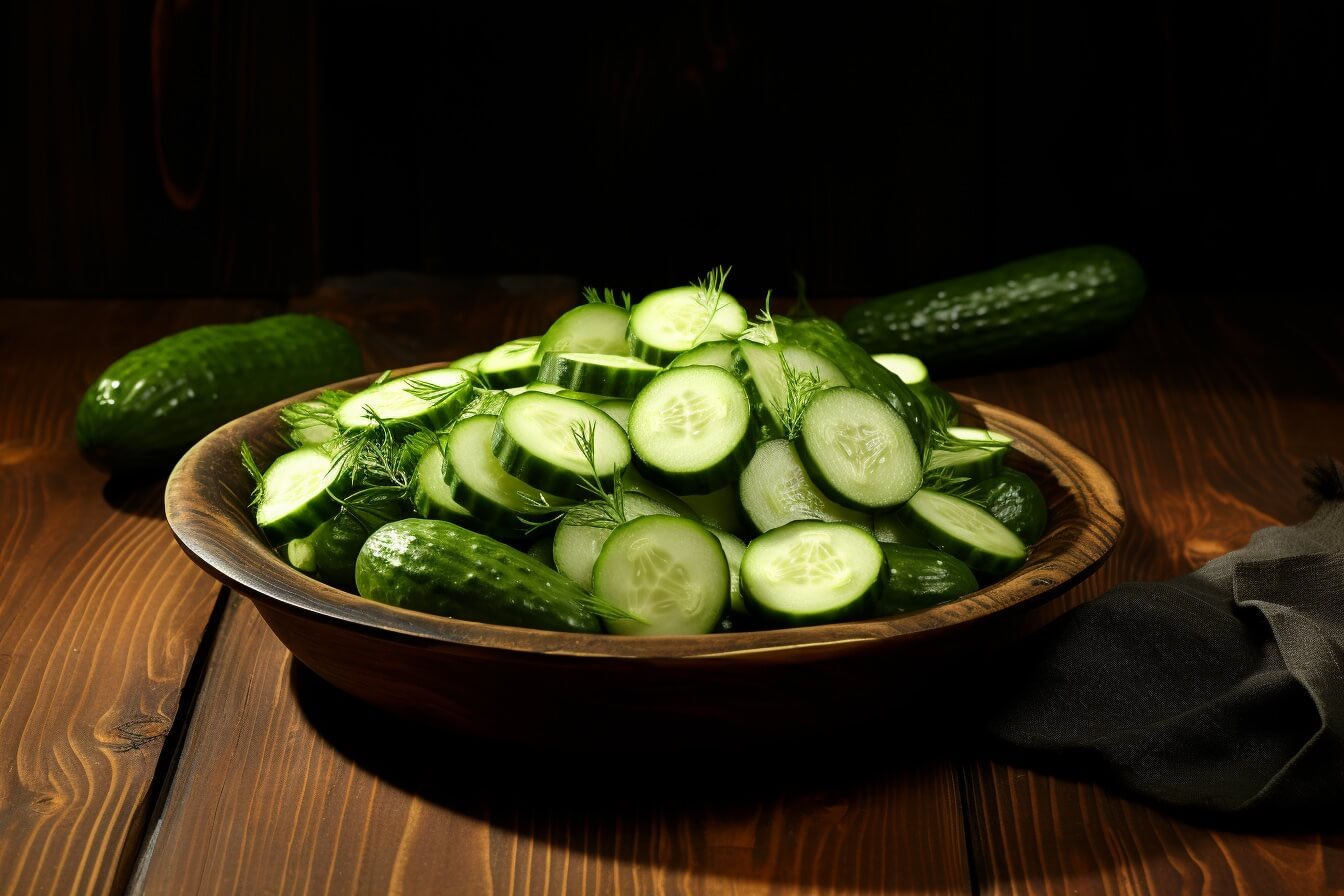 cucumber slices decorated with dill in a bowl 