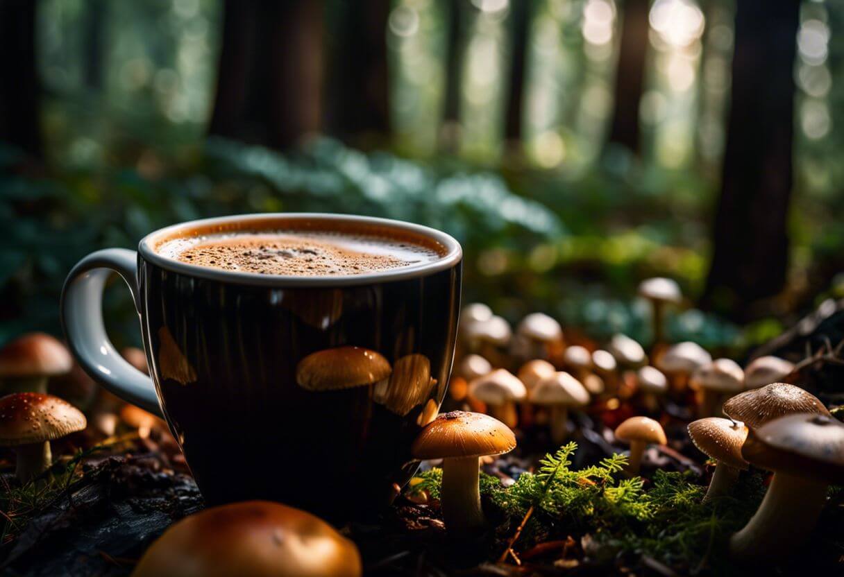 Mushroom coffee mug surrounded by fresh mushrooms in peaceful forest.