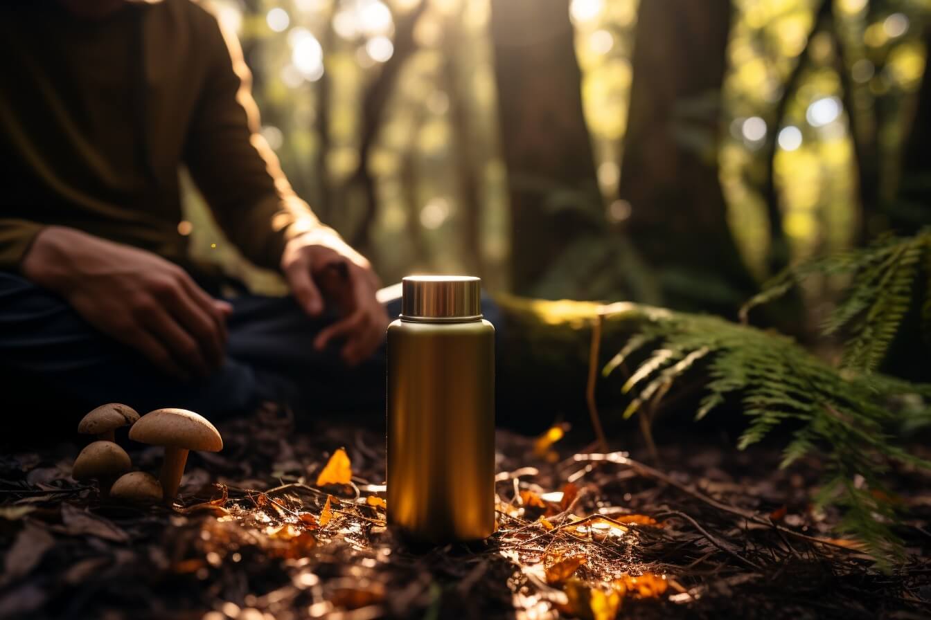 a person sipping mushroom coffee from a thermos amidst a lush forest