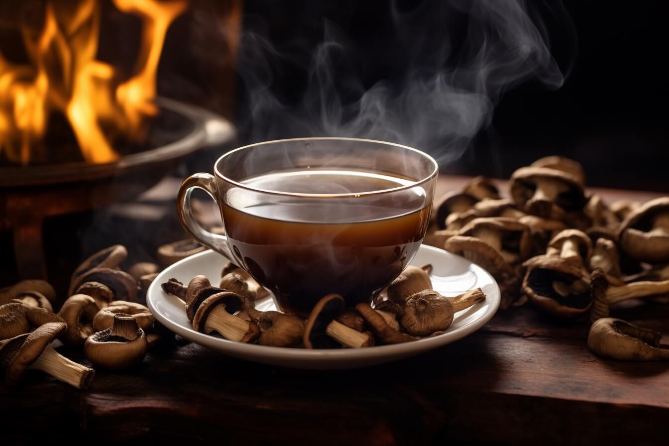 steaming cup of mushroom tea on a wooden table