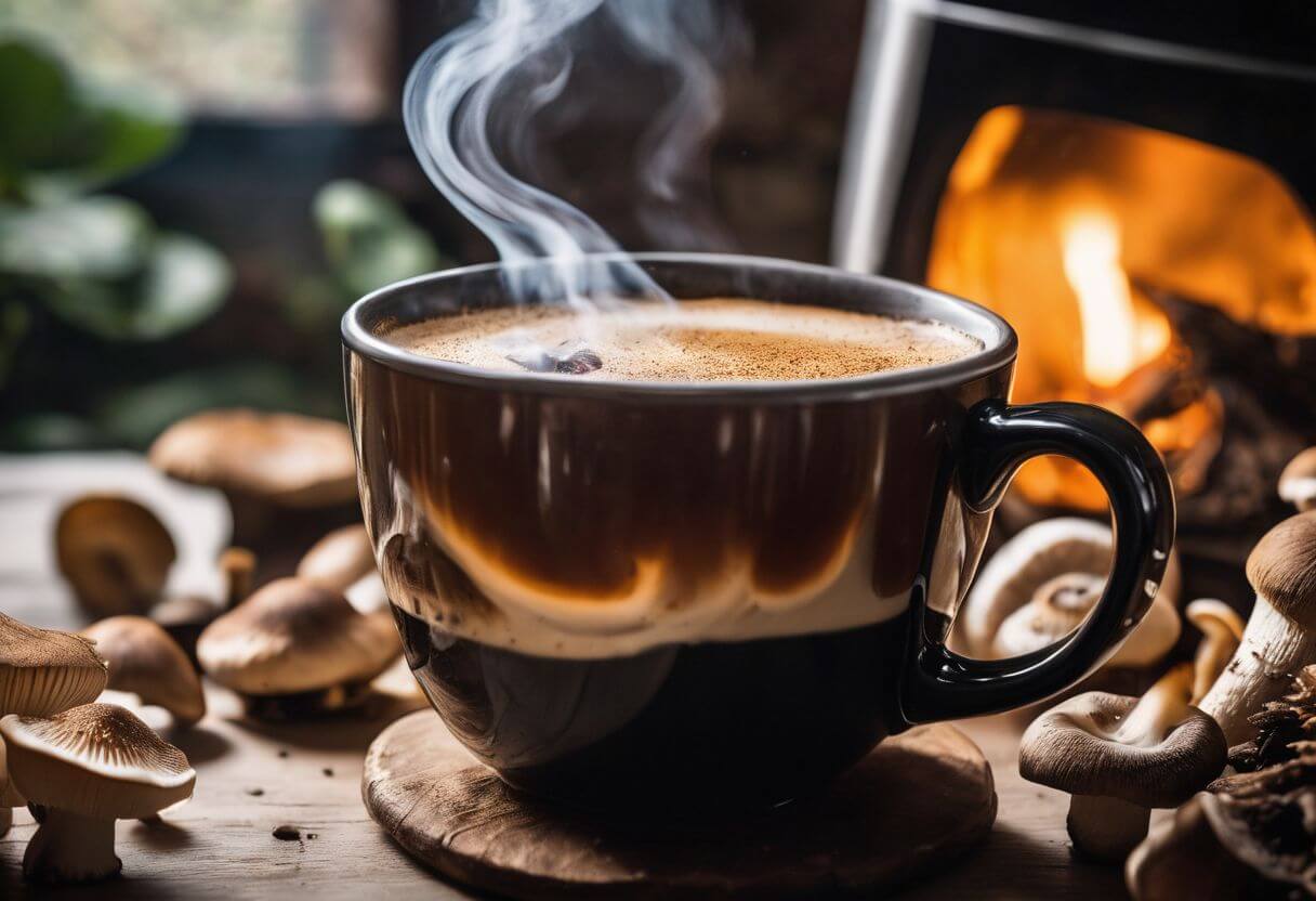 A cup of mushroom coffee enjoyed by a fireplace.